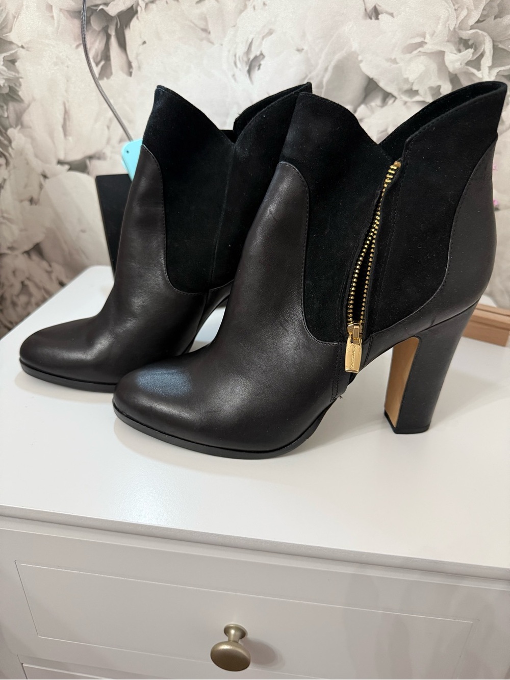 Vince Camuto Black Leather & Suede Ankle Boots with Gold Zip